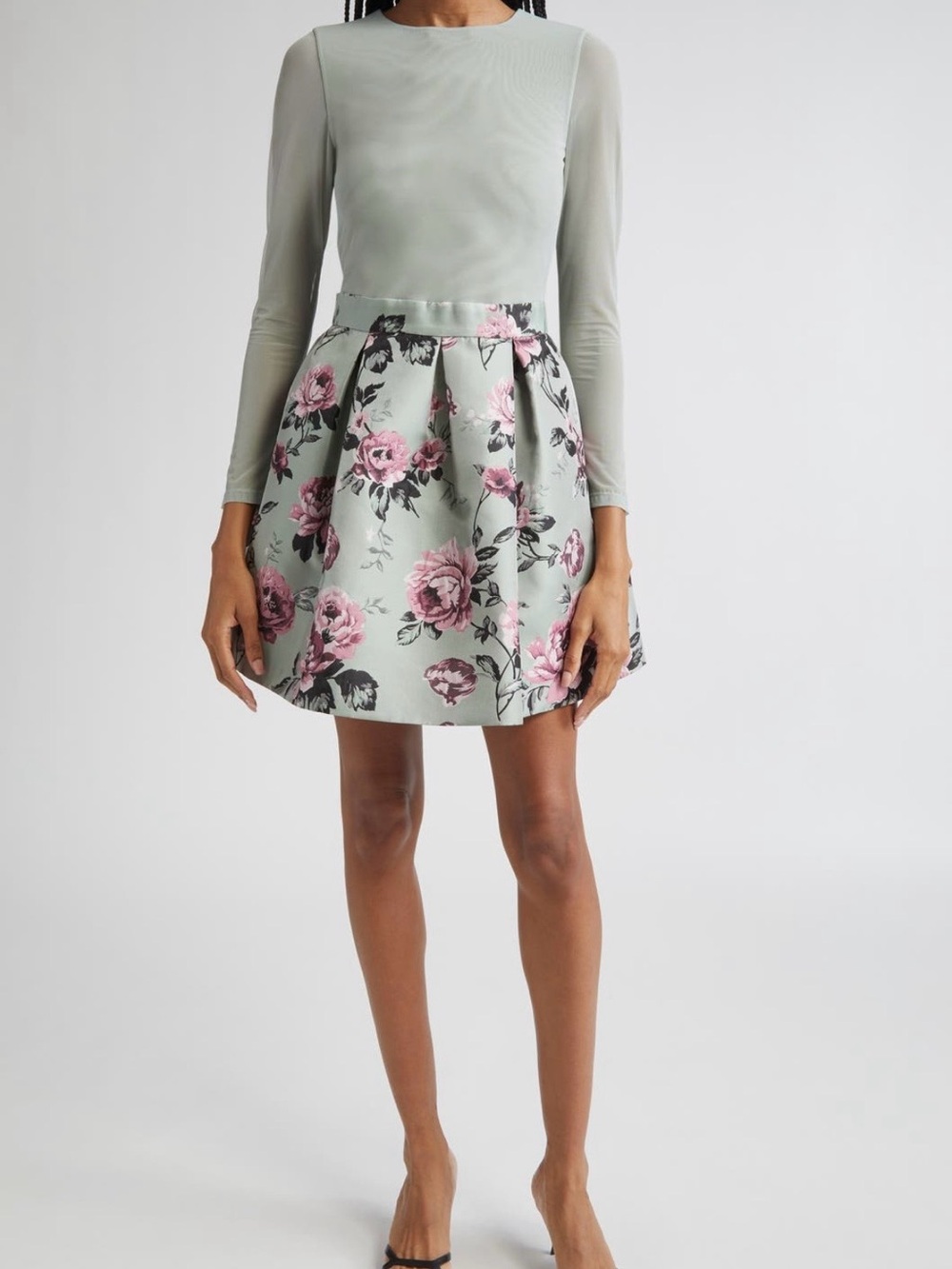 Alice + Olivia Mint Green Floral Skater Skirt with Pink Roses